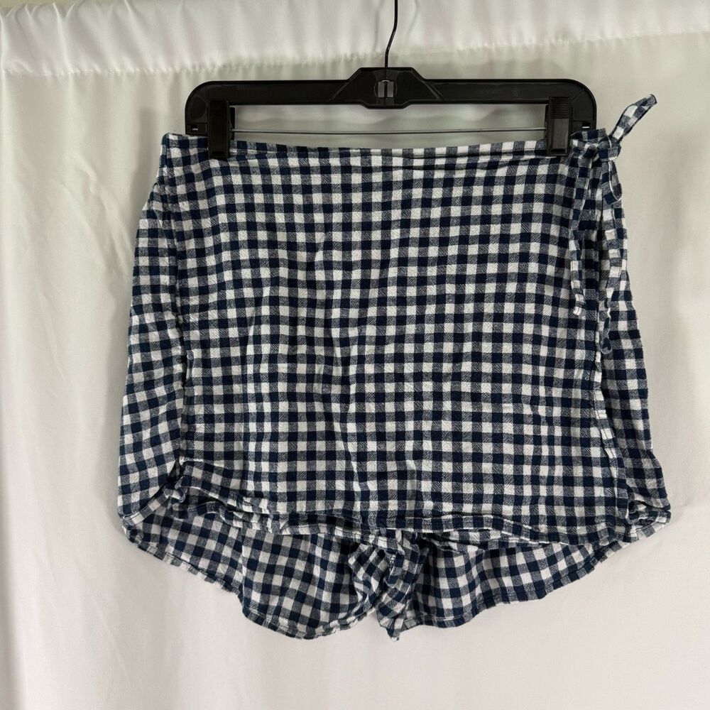 Old Navy Linen Blend Shorts Faux Wrap Women's Large Blue White Plaid Tie